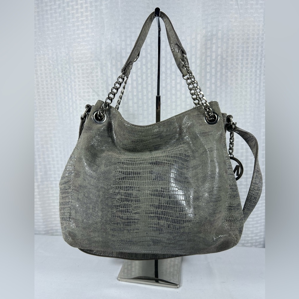 4257: Michael Kors Hamilton Lizard Embossed Leather Shoulder Bag Gray - Picture 2 of 14